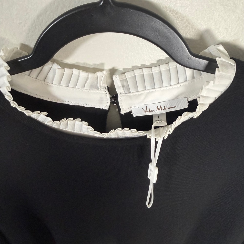 Vila Milana L Black Wool Blend Sweater Pleated Ruff Collar Cuffs‎ NWOT Wednesday - Picture 2 of 11